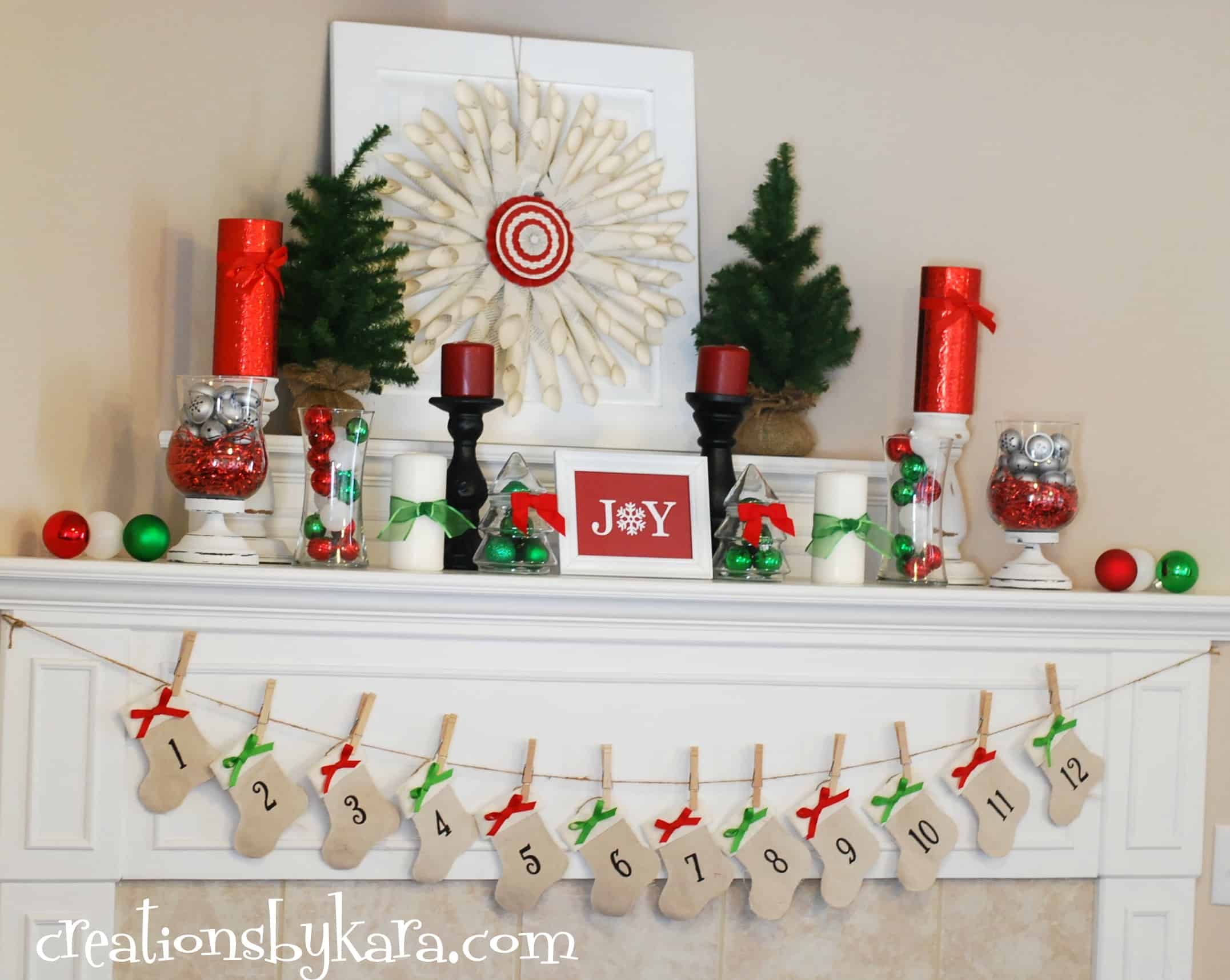 Red and green Christmas mantel
