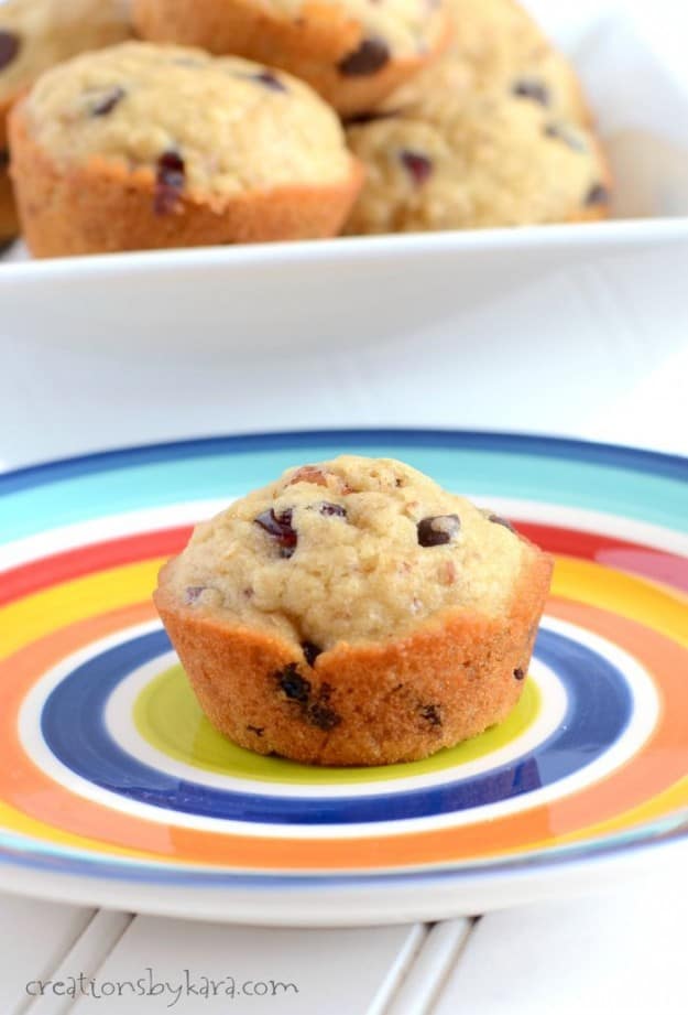 Granola Chocolate Chip Muffin on a striped plate with muffins in the background