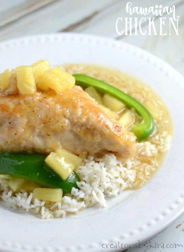 plate with rice, chicken, pineapple, and green peppers