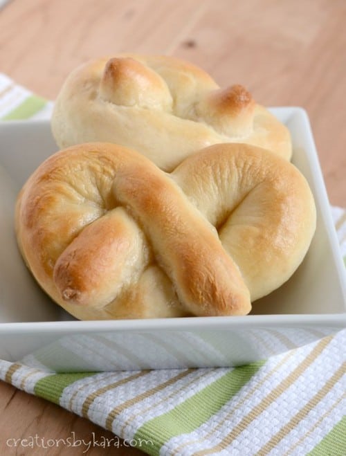 Recipe for soft and chewy pretzels, no boiling required.