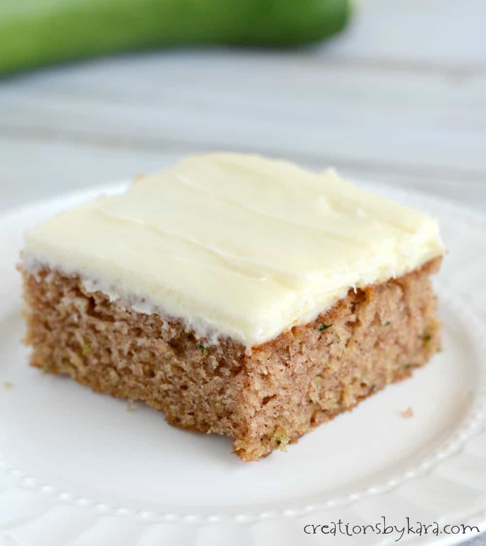 slice of old fashioned zucchini cake recipe with cream cheese frosting