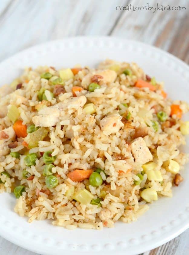 Your family will love this chicken fried rice. An easy dinner recipe using leftover rice. Colorful and delicious!