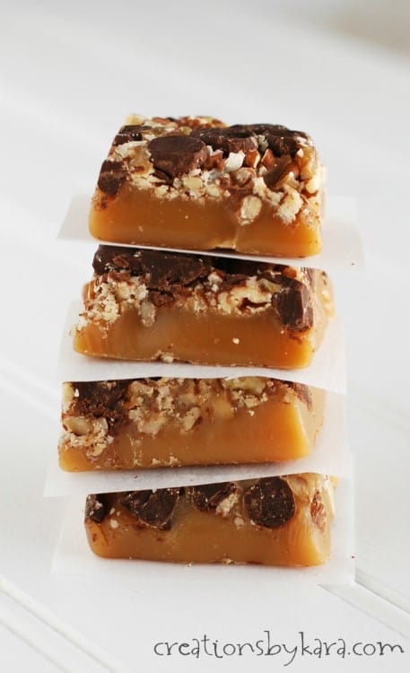 Homemade caramels with chocolate chips and pecans. A decadent caramel recipe!