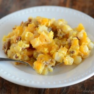 Breakfast hash with sausage, eggs, and cheese. A family favorite!