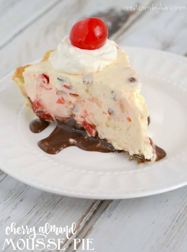Recipe for cherry almond mousse pie - a no-bake cheesecake with fudge, cherries, and almonds.