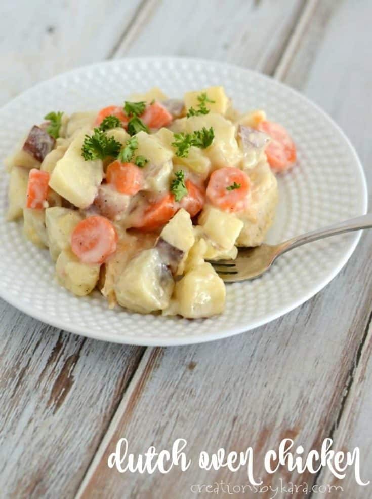 Creamy Dutch oven chicken - made in the oven instead of over coals. A favorite chicken recipe!