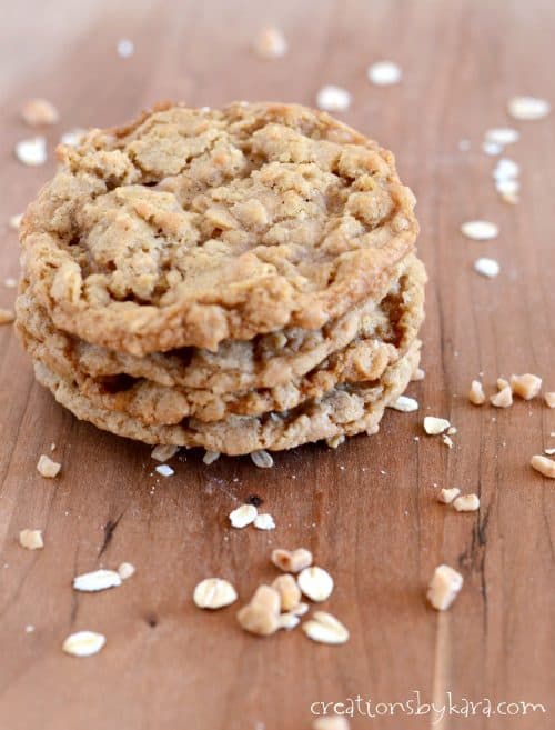 Oatmeal cookies loaded with toffee bits. A crispy, chewy oatmeal cookie recipe that everyone loves!