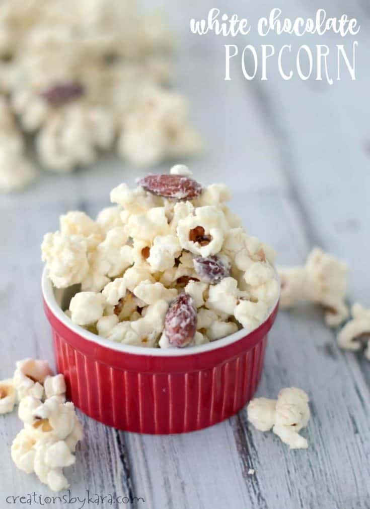 White Chocolate Popcorn - this snack takes about five minutes to make, and it is absolutely addicting! The best popcorn ever!