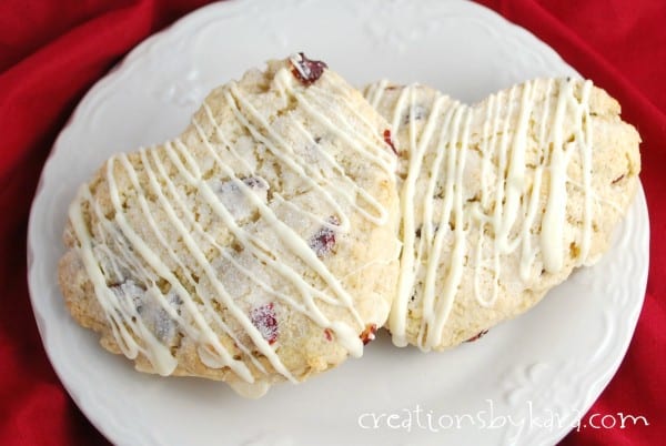 white chocolate cherry scones cut into heart shapes