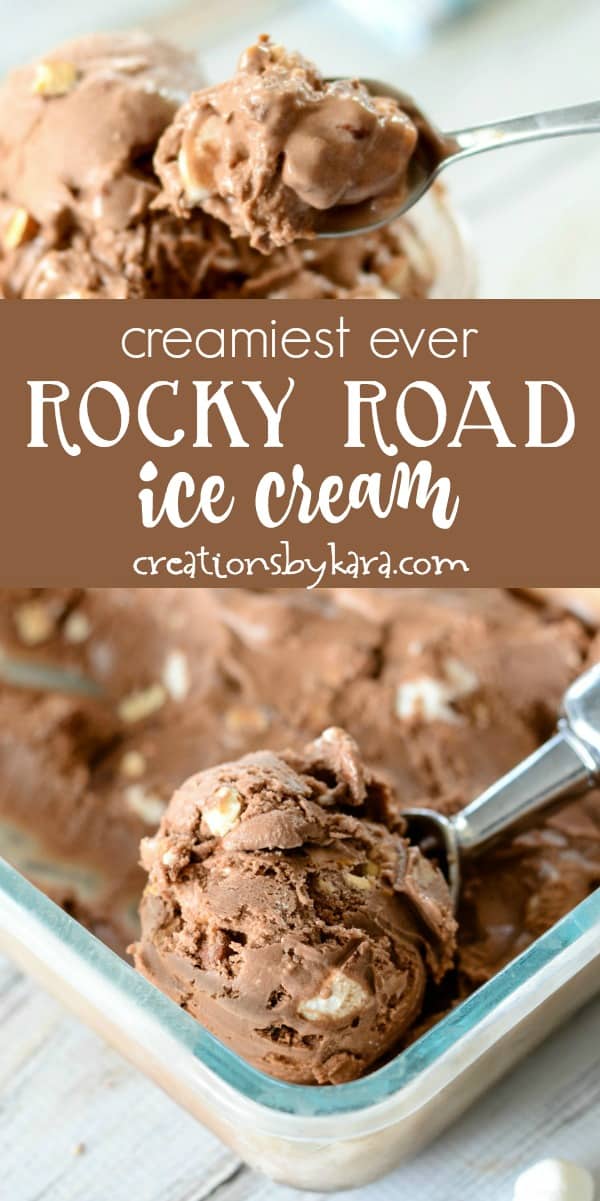 Homemade Rocky Road Ice Cream . . . this rich and creamy chocolate ice cream is packed with toasted almonds and marshmallows. #icecream #rockyroad #rockyroadicecream #homemadeicecream #creationsbykara Creamiest ever Rocky Road Ice Cream recipe