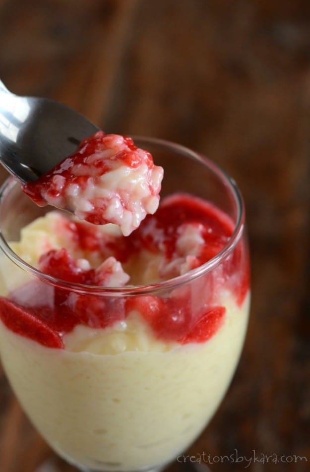 Old fashioned Rice Pudding is made even better with fresh raspberry sauce!