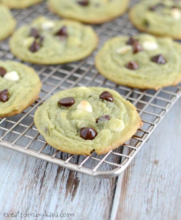 st patricks day chocolate chip cookies on a cooling rack