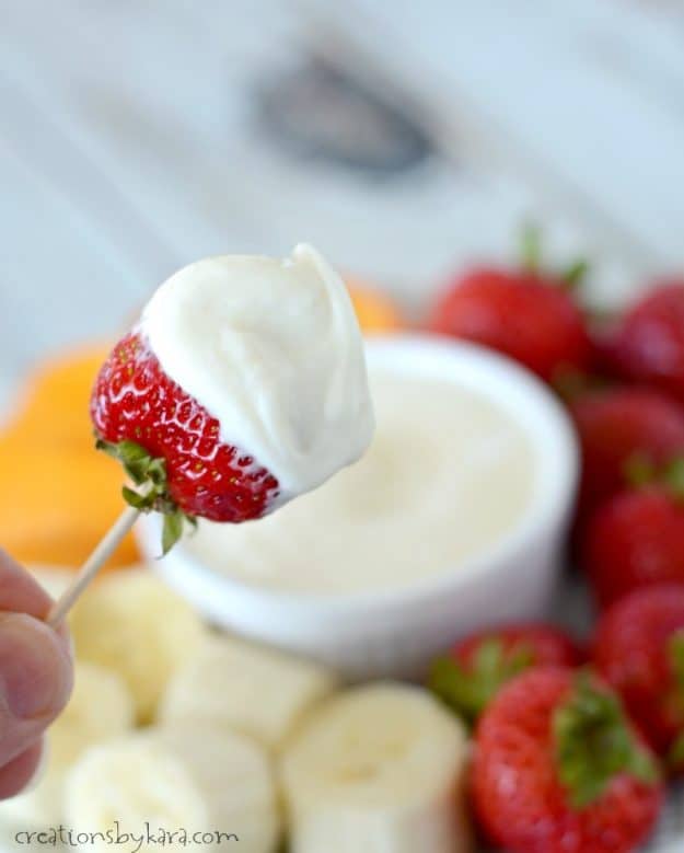 strawberry dipped in best ever fruit dip