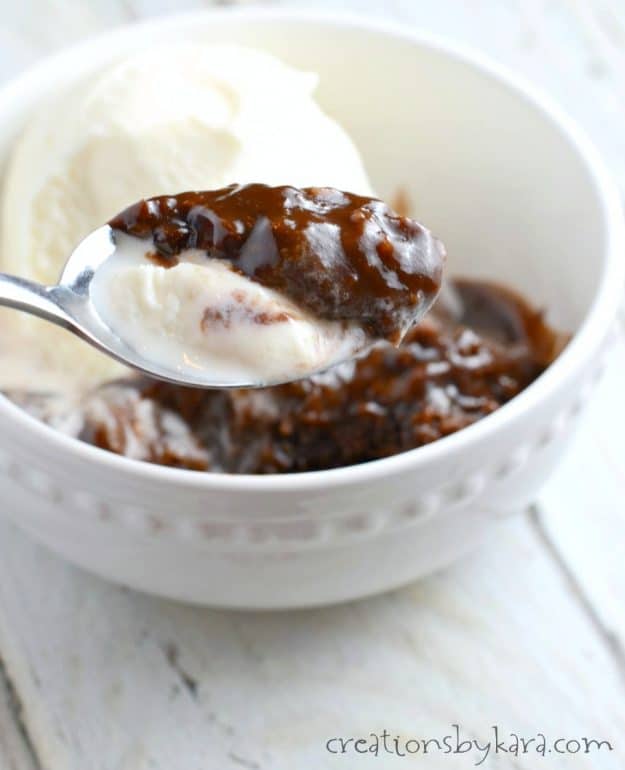 spoonful of warm chocolate pudding cake and ice cream