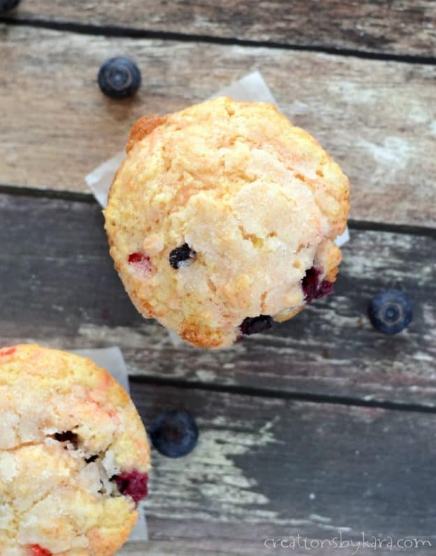 blueberry cherry muffins with sugared tops