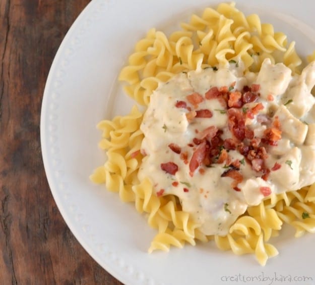 This recipe for creamy chicken pasta with ranch and bacon is a family favorite!