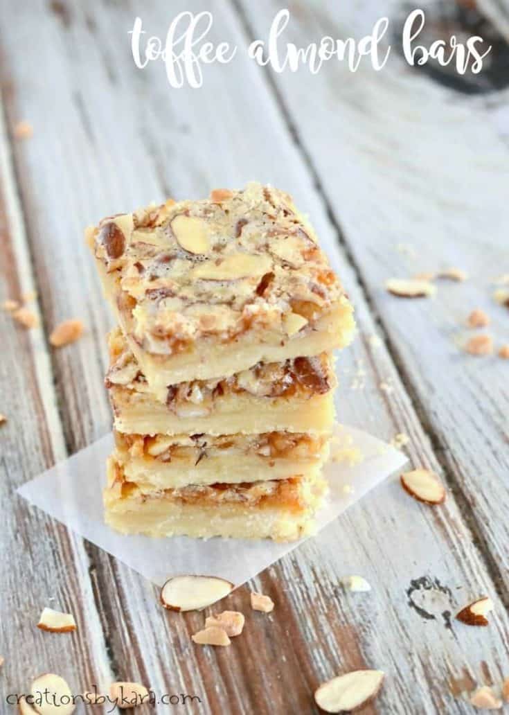 Recipe for ooey gooey Almond Toffee Bars.