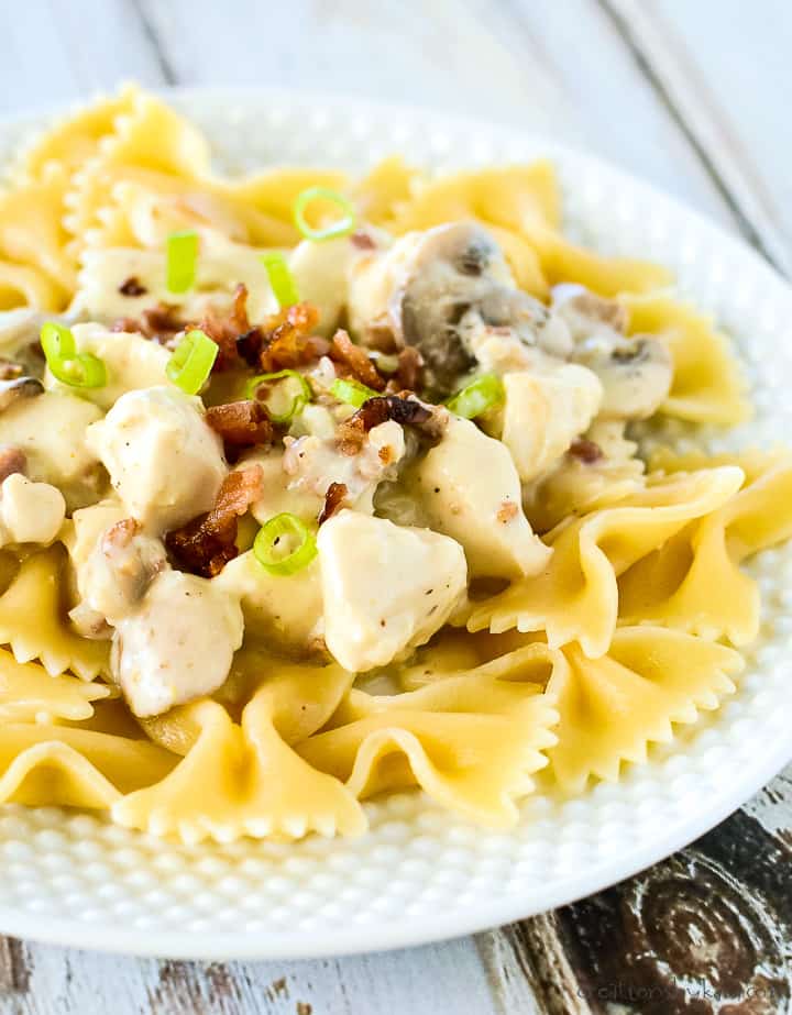 plate of chicken stroganoff with bacon