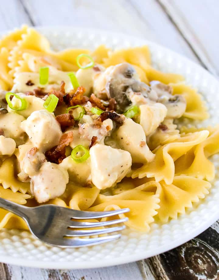 plate of chicken stroganoff with a fork