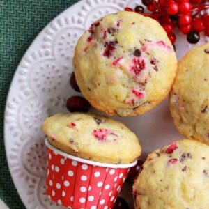 These chocolate chip cranberry muffins are bursting with flavor! A perfect muffin recipe for the holiday season.