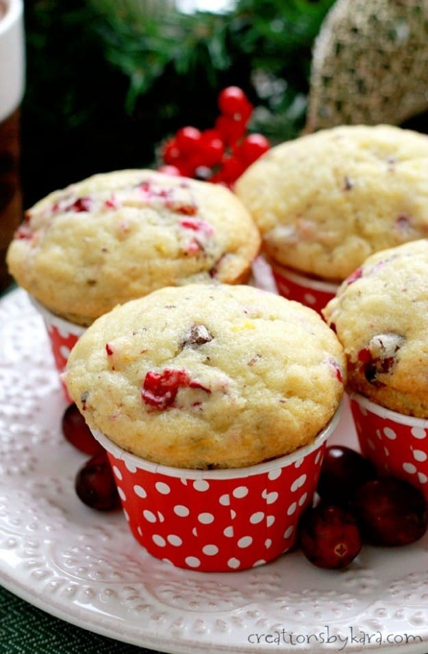 chocolate chip muffins with cranberries on a white tray