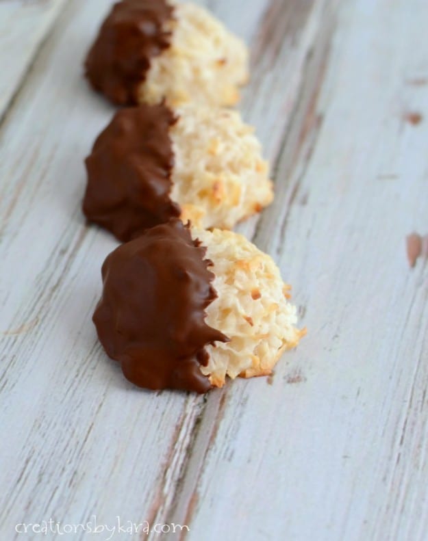 Coconut Macaroons- this easy recipe for macaroons contains no eggs. They are so yummy, especially dipped in chocolate!