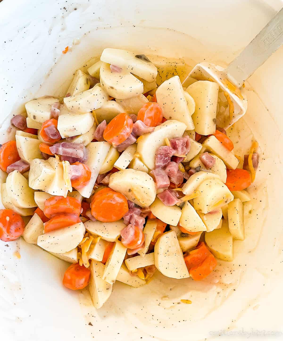 bowl of sliced carrots, potatoes, and diced ham ready to be baked