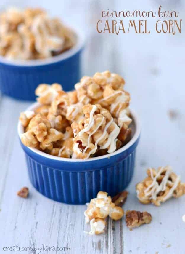 Cinnamon Roll Caramel Corn is crunchy, sweet, and highly addicting. A perfect popcorn recipe for snacking or gift giving!