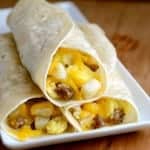 These breakfast burritos can be frozen, then re-heated for a quick hearty breakfast on the go.