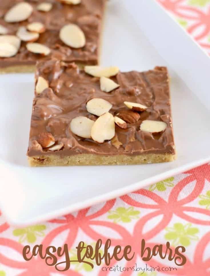 Quick and easy toffee bars. Chewy and buttery. A perfect bar for beginning chefs.
