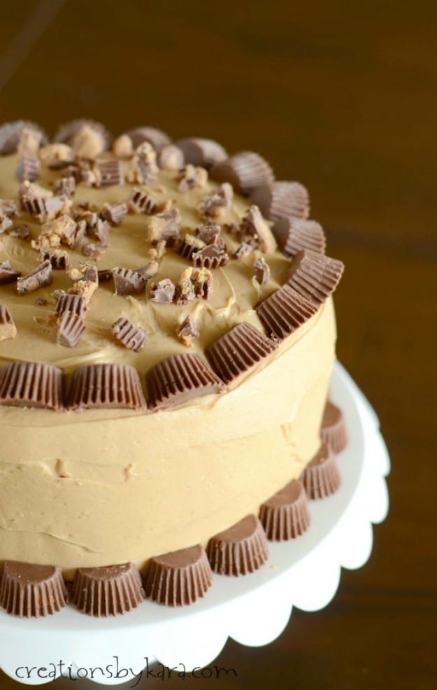 chocolate cake with peanut butter frosting and peanut butter cups