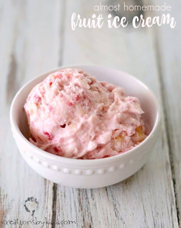 Almost homemade fruit ice cream. Add a variety of fruits to store bought ice cream for a yummy, fruity, refreshing soft serve treat!