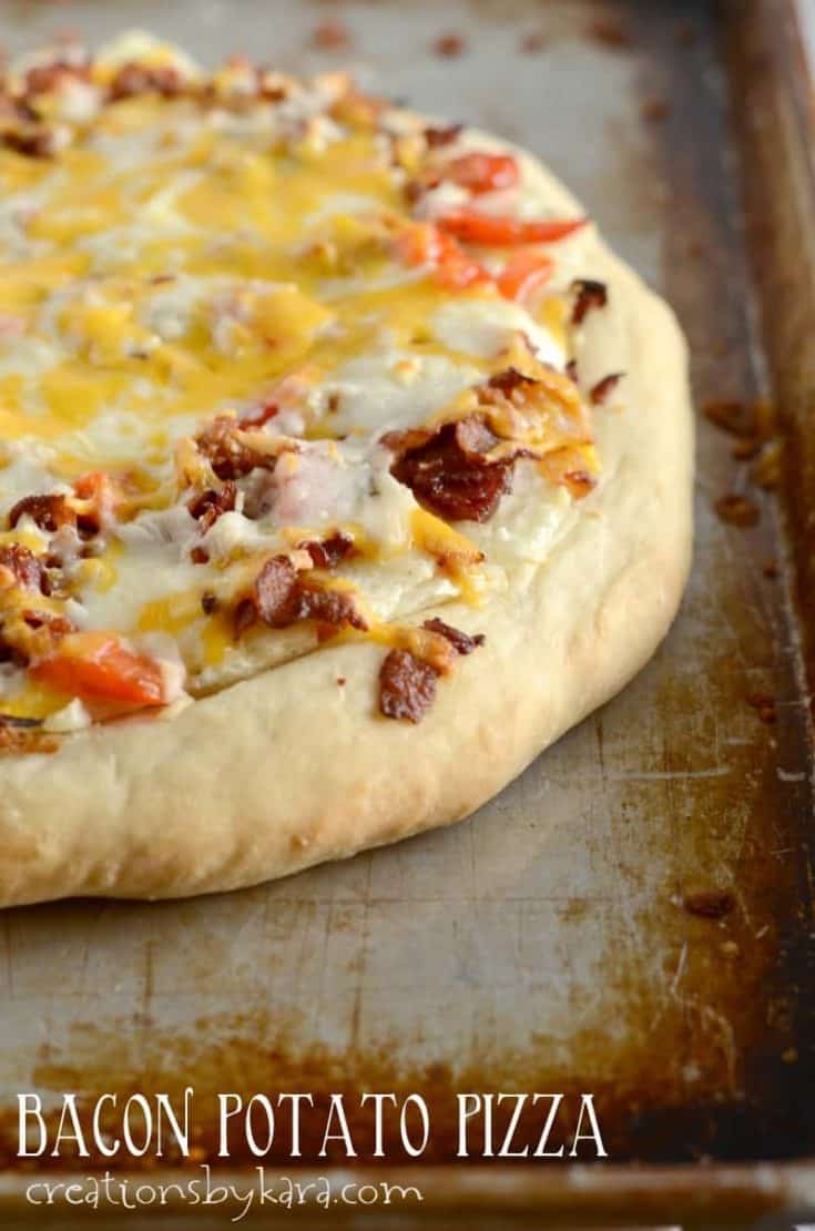 Bacon Potato Pizza is a tasty change from traditional pizza. Such a yummy recipe for using up leftover mashed potatoes!