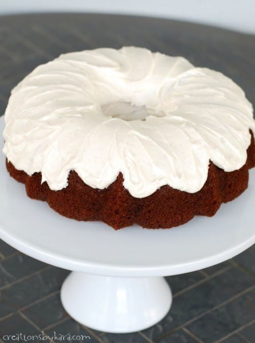 Recipe for Pumpkin Bundt Cake with cinnamon cream cheese frosting. To die for!