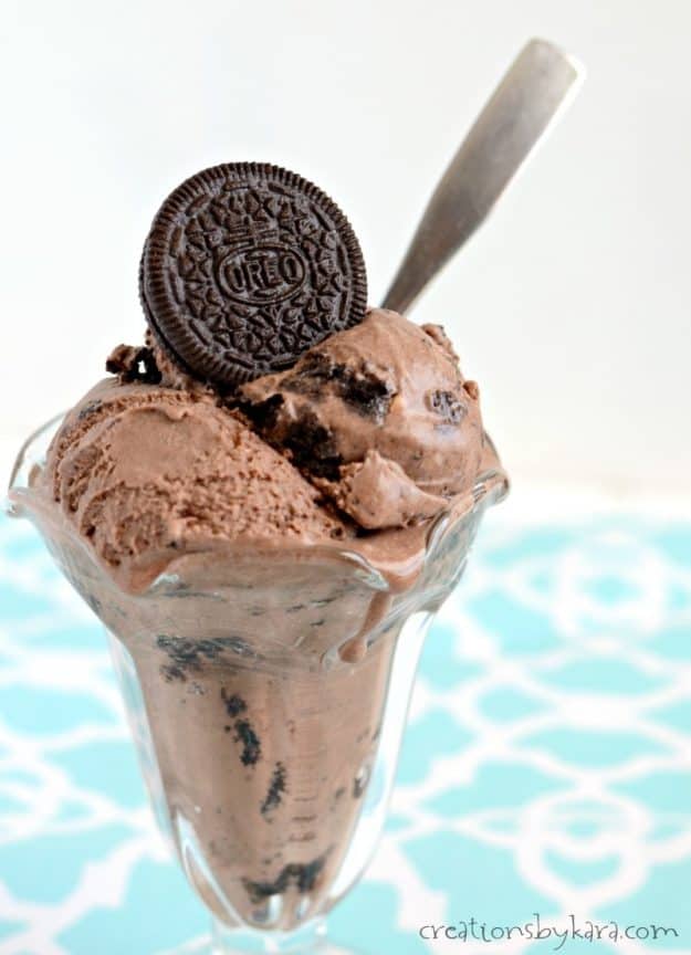 chocolate oreo ice cream in a parfait dish with a spoon