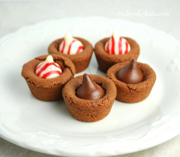 Recipe for chocolate mint cookie cups with Hersheys mint kisses. So good!