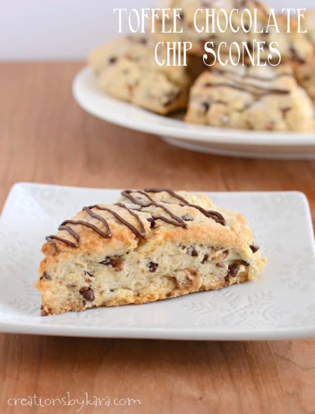 Toffee Chocolate Chip Scone drizzled with melted chocolate