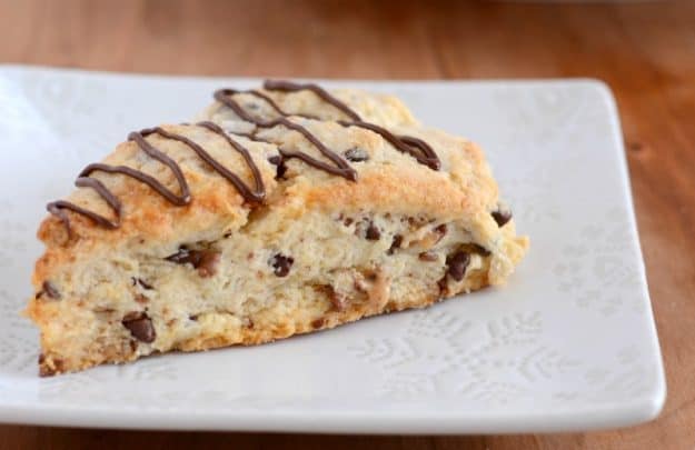  chocolate chip scone with toffee bits and melted chocolate drizzle