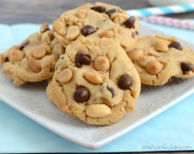 Peanut Butter Chocolate Chip Cookies with peanut butter chips and salted peanuts. A perfect cookie jar cookie recipe!