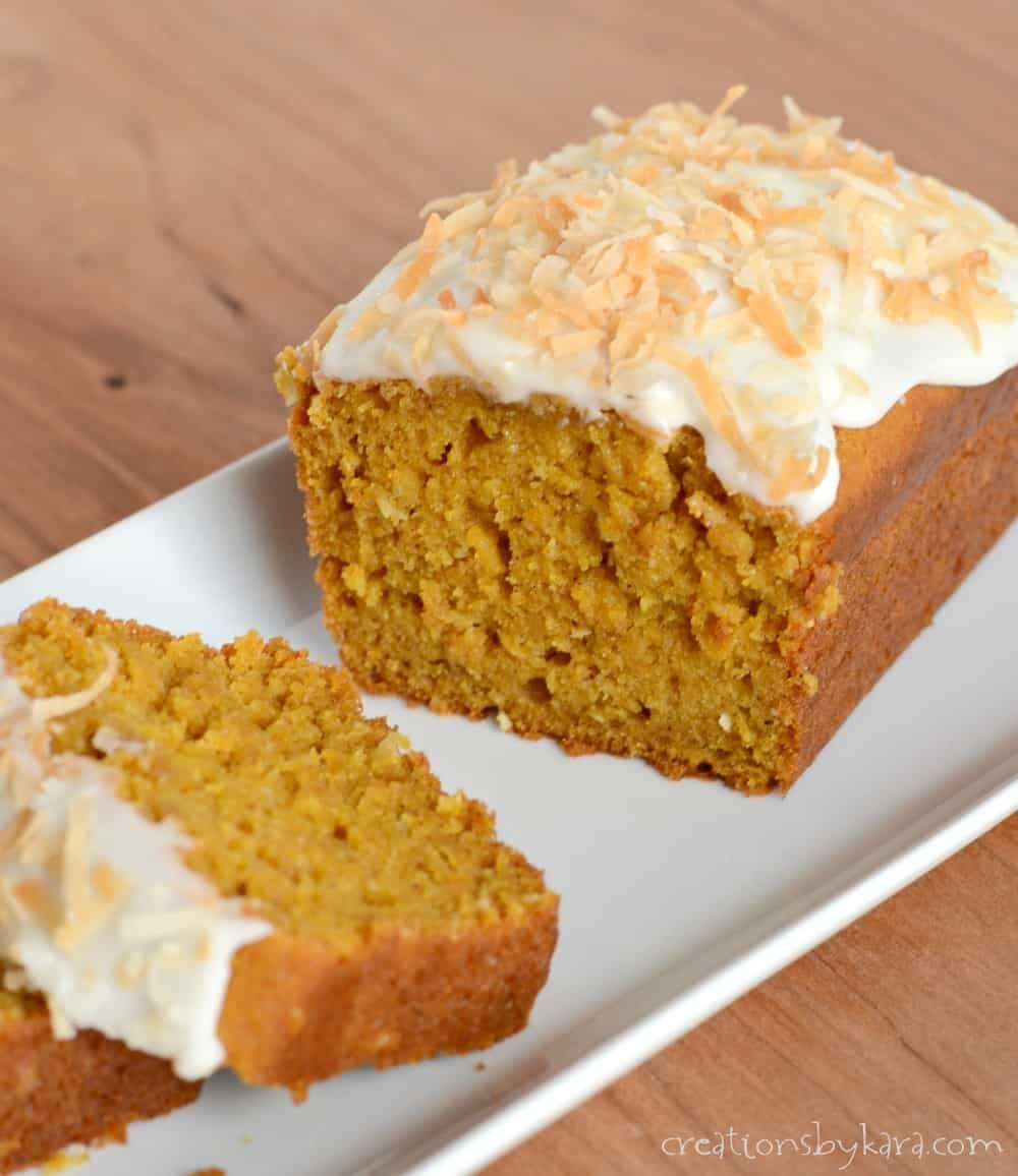 Moist and delicious Coconut Pumpkin bread. It is delicious served plain, or with cream cheese frosting!