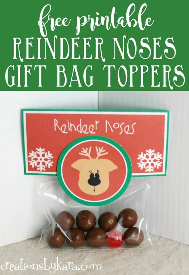Free printable reindeer noses gift bag toppers