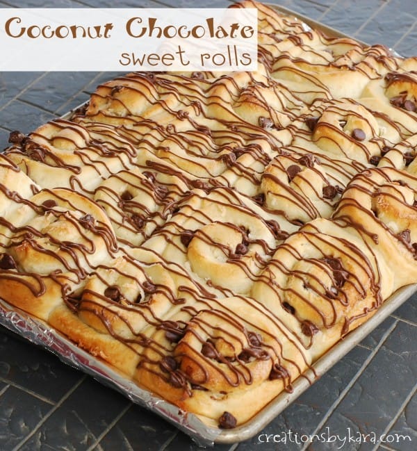 pan of sweet rolls with chocolate chips and coconut