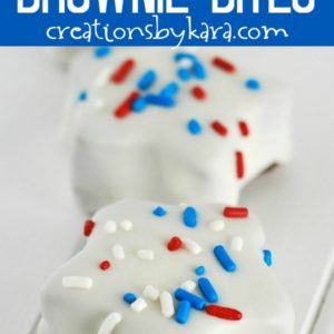 star shaped brownie bites dipped in white chocolate and covered with red and blue sprinkles