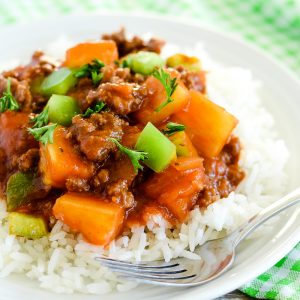 sweet and sour beef over rice