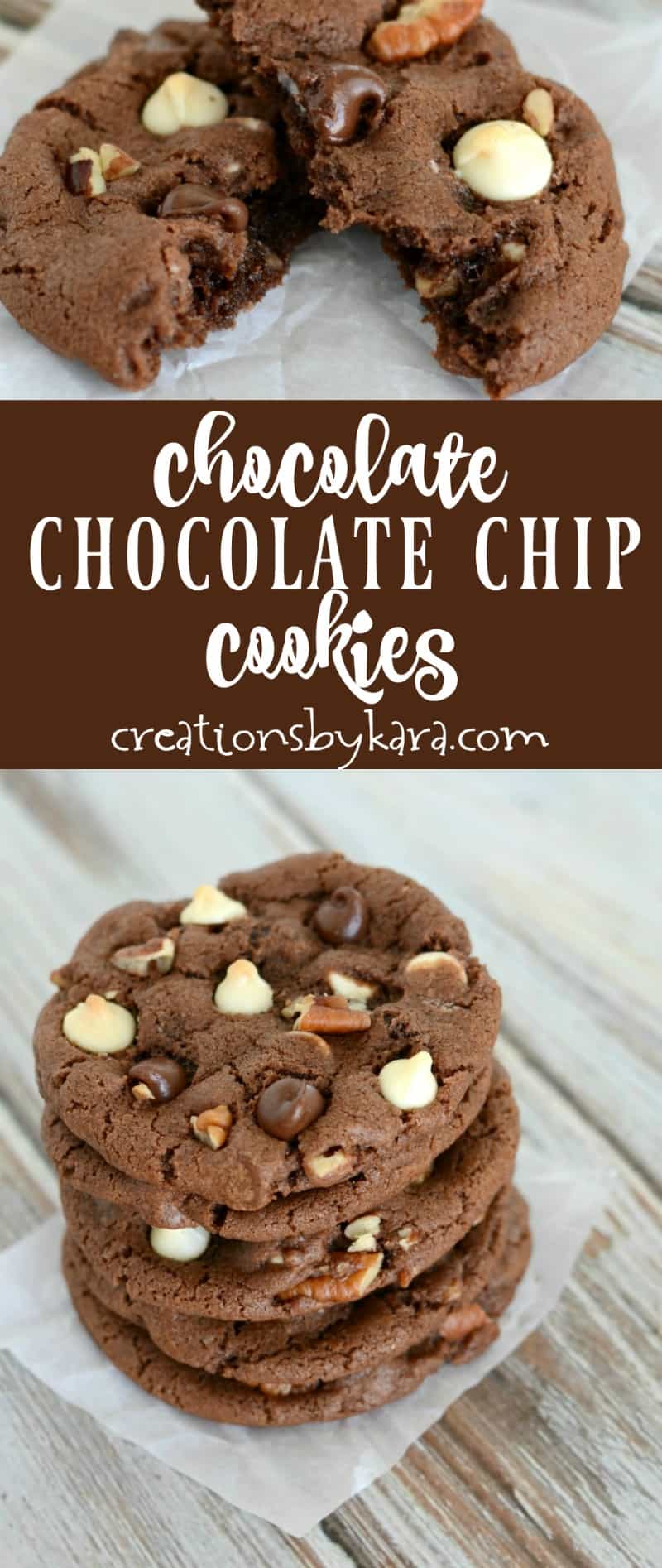Recipe for triple chocolate chocolate chip cookies loaded with chocolate chips and pecans. A perfect cookie for chocoholics!