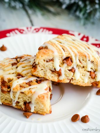 plate of eggnog scones drizzled with glaze