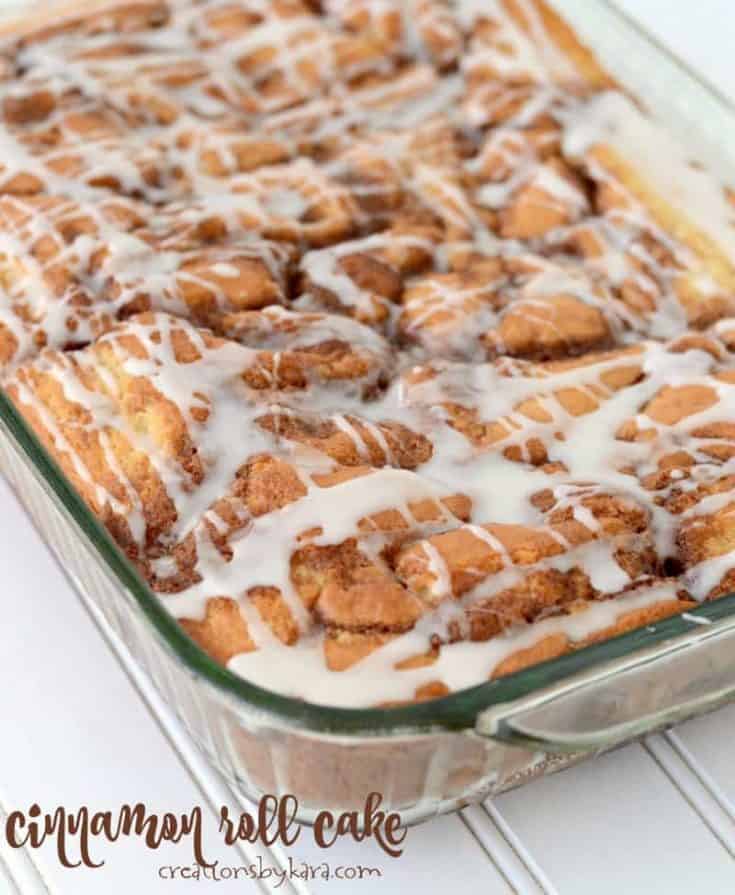 Ribbons of melted cinnamon sugar make this Cinnamon Roll Cake irresistible! The flavor of cinnamon rolls without all the work.