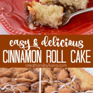 easy cinnamon roll cake recipe collage