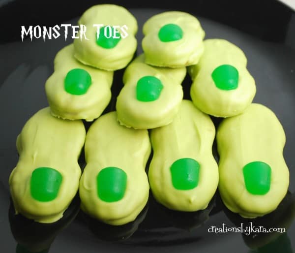 Green Halloween cookies made from Nutter Butters