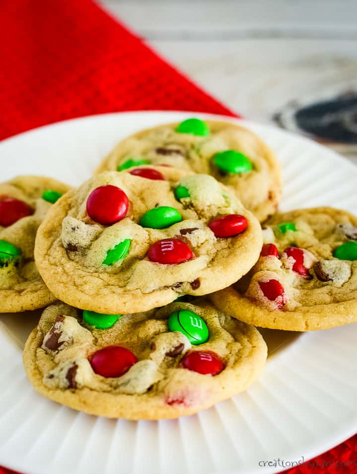 plate of christmas cookies with red and green M&M's